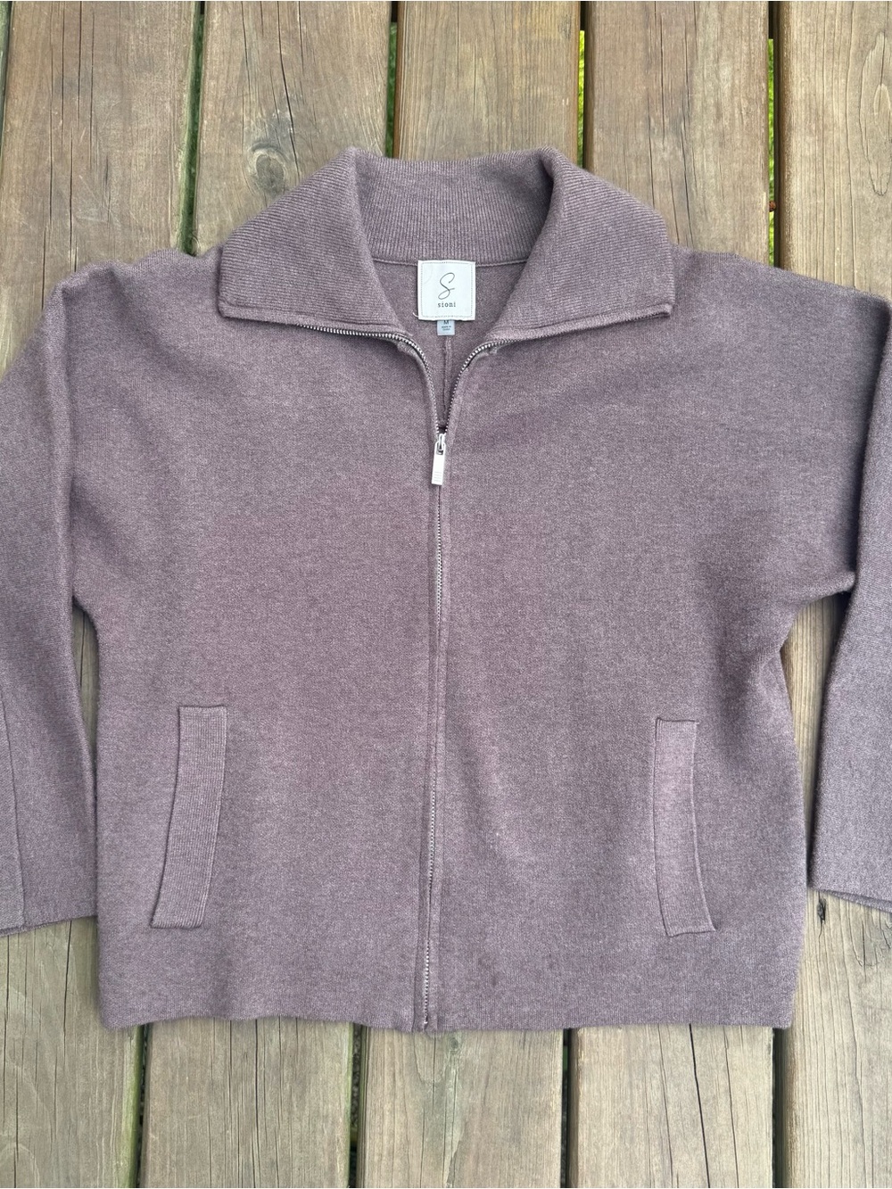Sioni Women’s Brown Knit Full Zip Collared Sweater Jacket Sz M Pockets Rayon